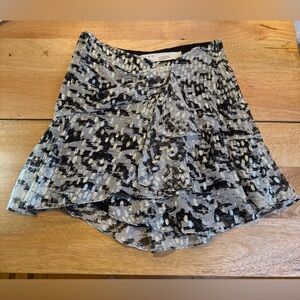 IRO Paris Dilian metallic print ruffle mini skirt in black Sz FR 36 $460